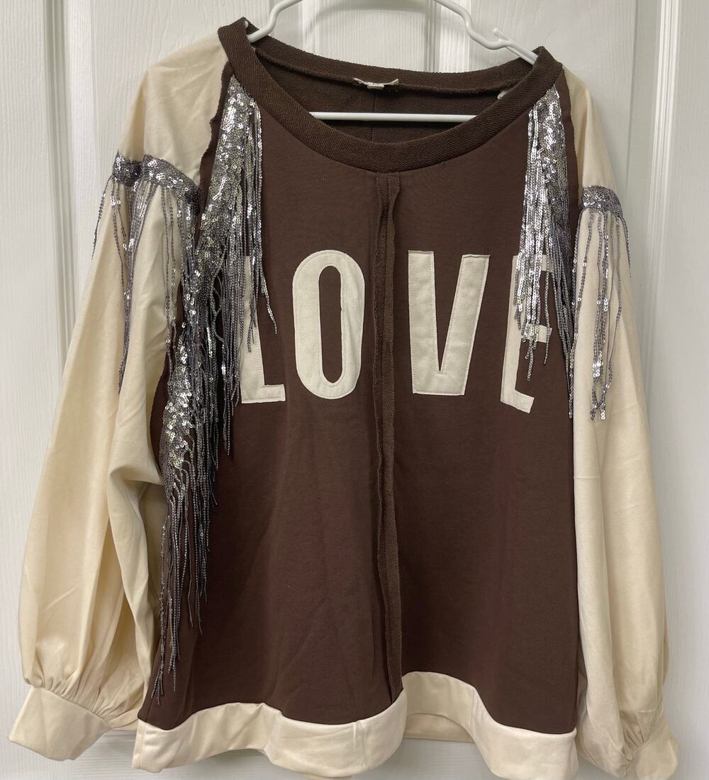 Pol Harper Pullover in Brown "Love" fringe Medium western country bling